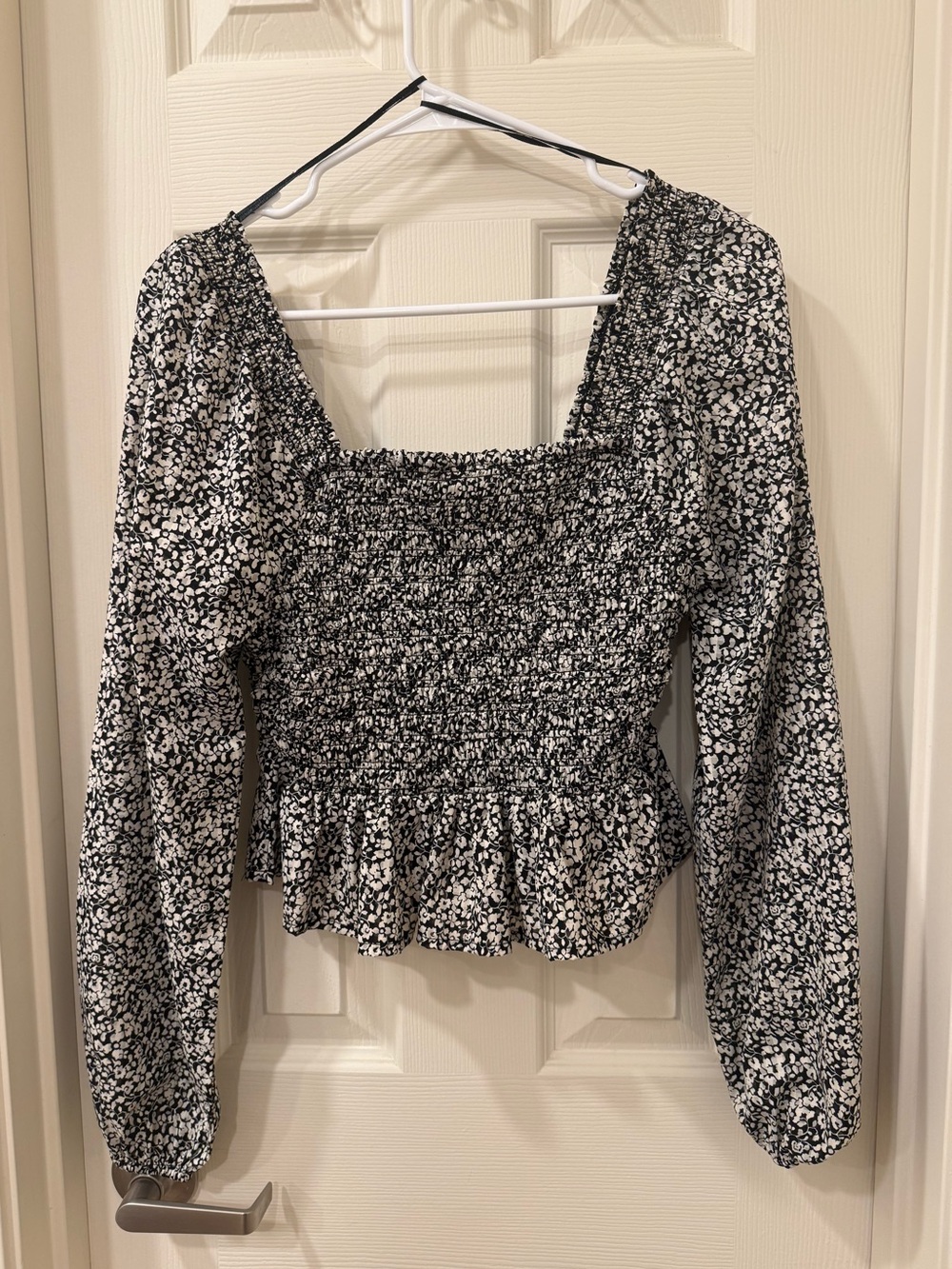 Black & White Floral Smocked Peplum Blouse